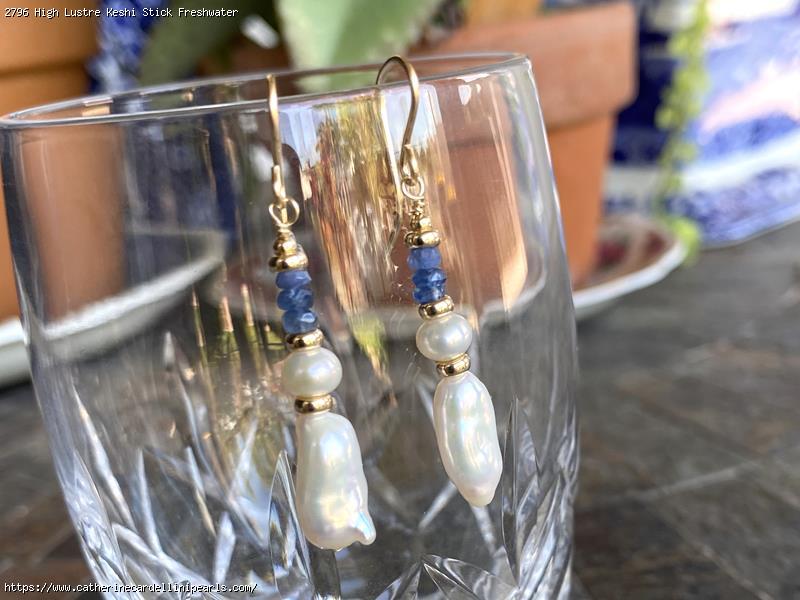 High Lustre Keshi Stick Freshwater Pearl with Sapphire Earrings