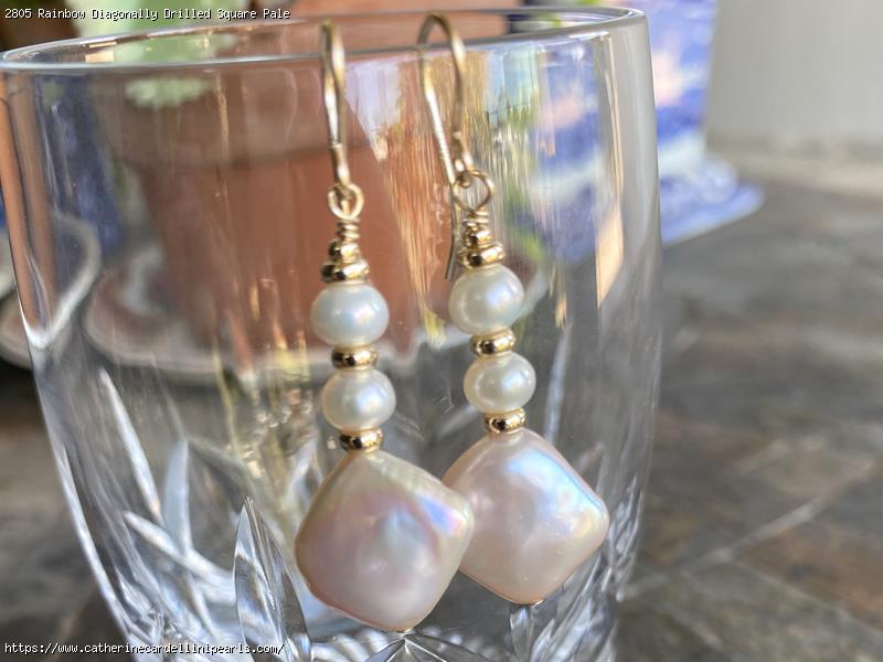 Rainbow Diagonally Drilled Square Pale LilacFreshwater Pearl Earrings