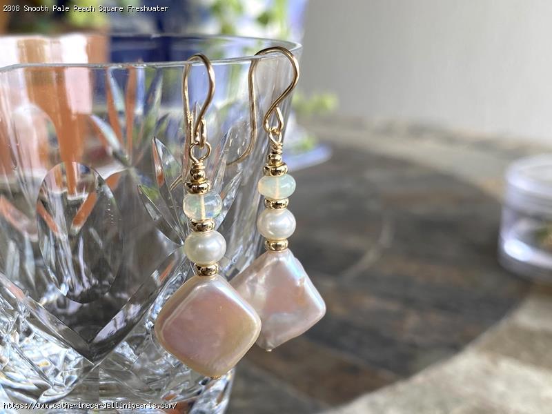 Smooth Pale Peach Square Freshwater Pearls with Tiny Pearls and Opals Earrrings