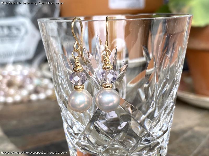 Metallic Pale Grey Round Freshwater Pearls with Pale Faceted Amethyst Earrrings