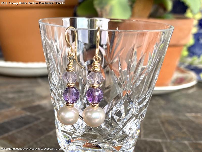 Creamy White Button Freshwater Pearls with Amethysts Earrings