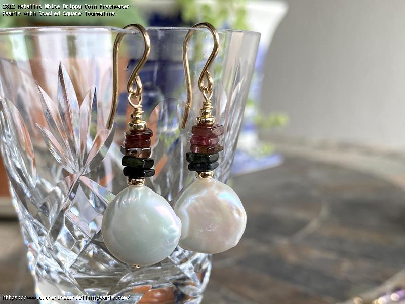 Metallic White Drippy Coin Freshwater Pearls with Stacked Square Tourmaline Earrings
