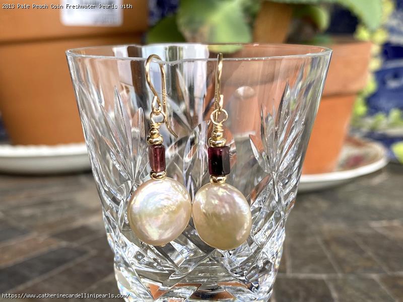 Pale Peach Coin Freshwater Pearls with Rectangular Tourmaline Earrings