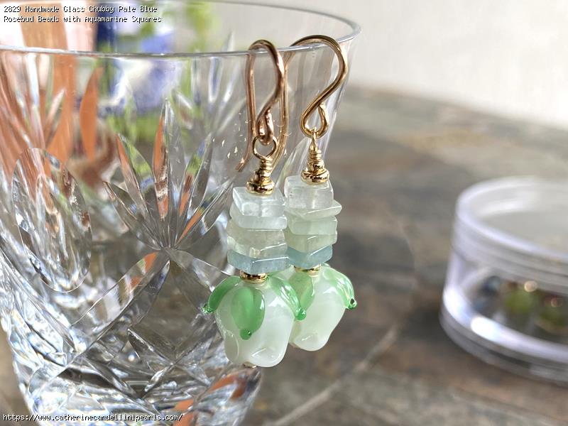 Handmade Glass Chubby Pale Blue Rosebud Beads with Aquamarine Squares Earrings