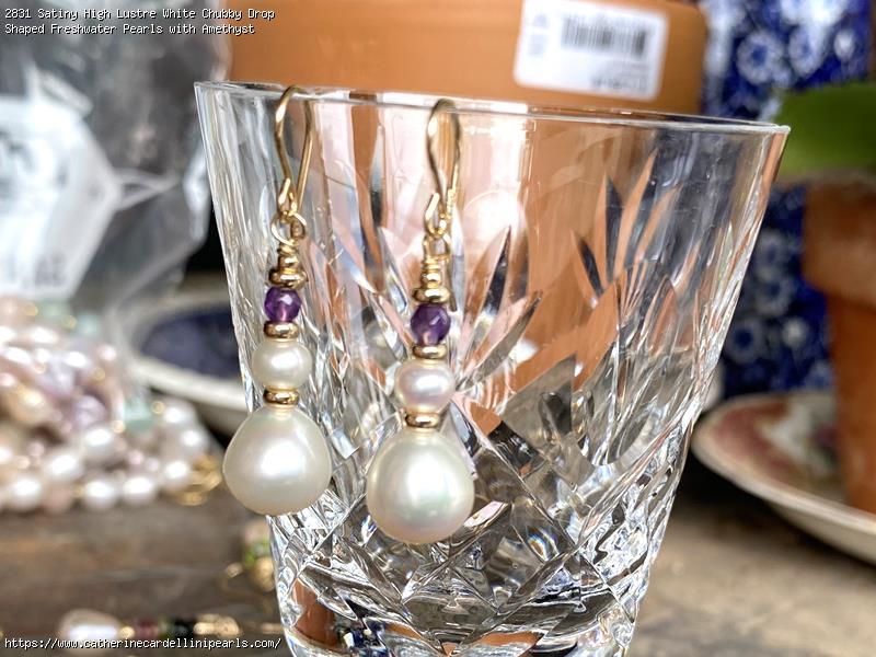 Satiny High Lustre White Chubby Drop Shaped Freshwater Pearls with Amethyst Earrings