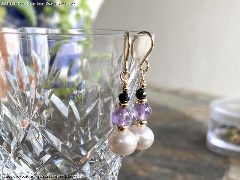 Metallic Cream Near Round Freshwater Pearl With Amethyst and Spinel Earrings