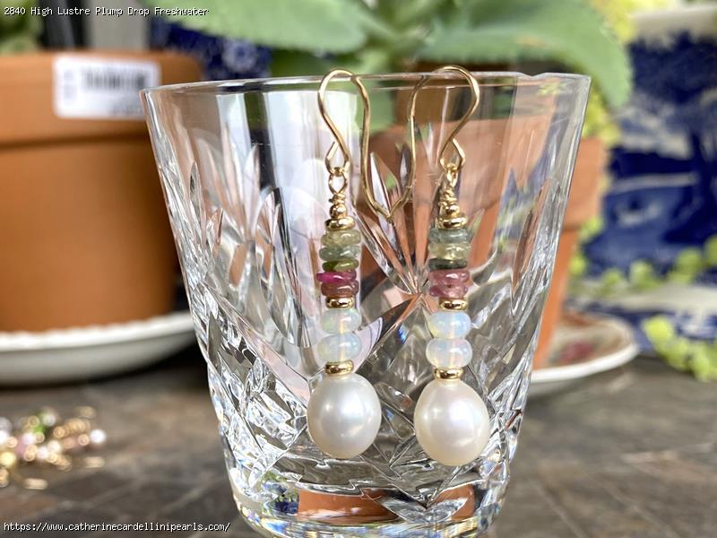 High Lustre Plump Drop Freshwater Pearl with Tourmaline and Opal Earrings