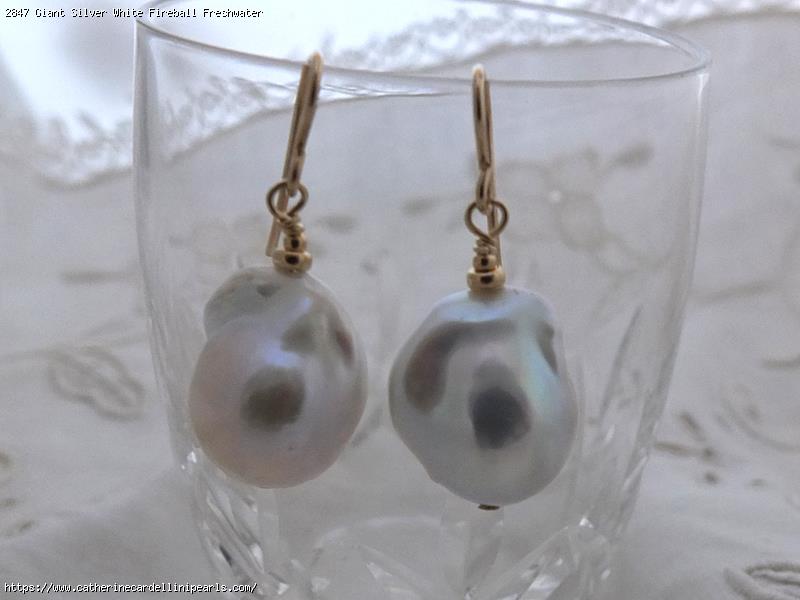 Giant Silver White Fireball Freshwater Pearl Earrings