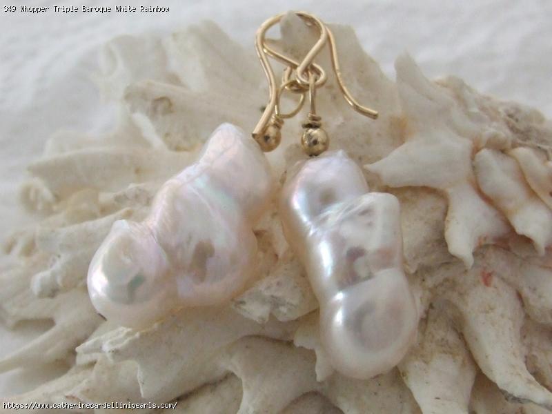 Whopper Triple Baroque White Rainbow Freshwater Pearl Drop Earrings