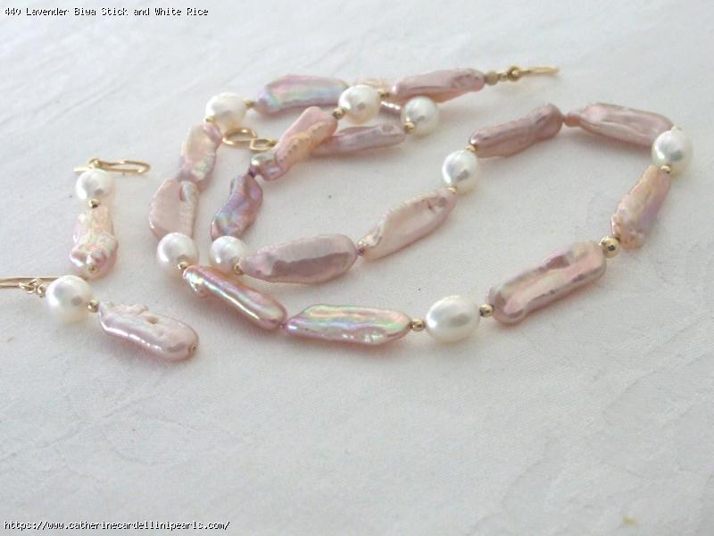 Lavender Biwa Stick and White Rice Freshwater Pearl Necklace and Earrings