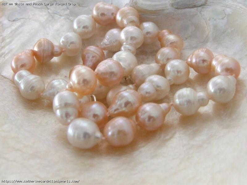 AA White And Peach Large Ringed Drop Shaped Baroque Freshwater Pearl Necklace