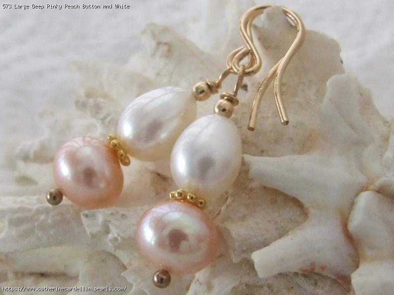Large Deep Pinky Peach Button And White Teardrop Drop Earrings