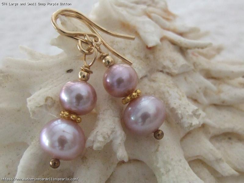 Large and Small Deep Purple Button Freshwater Pearl Drop Earrings