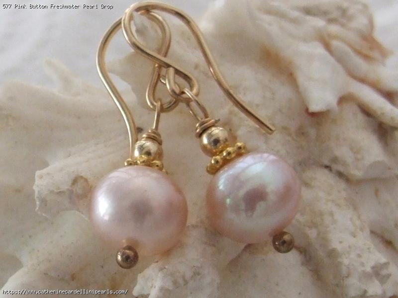 Pink Button Freshwater Pearl Drop Earrings