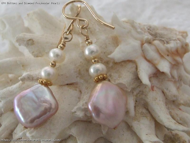 Buttons and Diamond Freshwater Pearls Drop Earrings