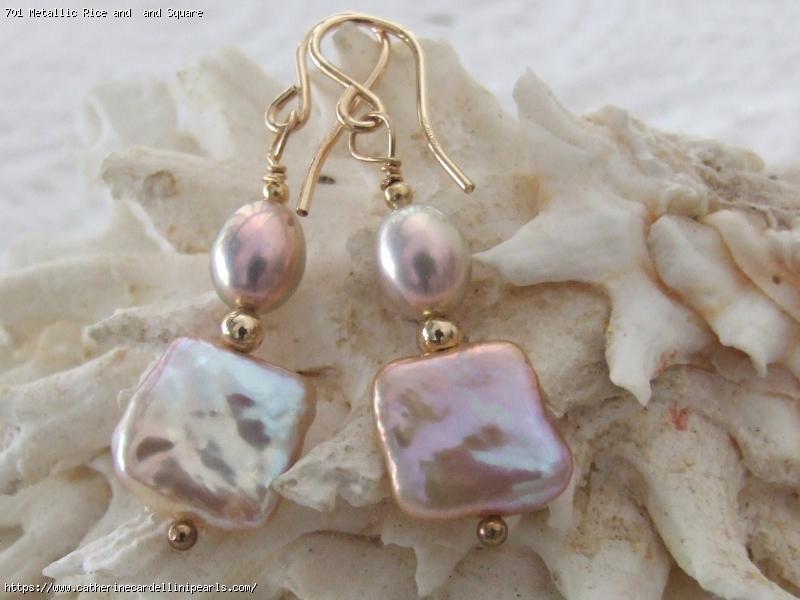 Metallic Rice and  and Square Freshwater Pearls Drop Earrings