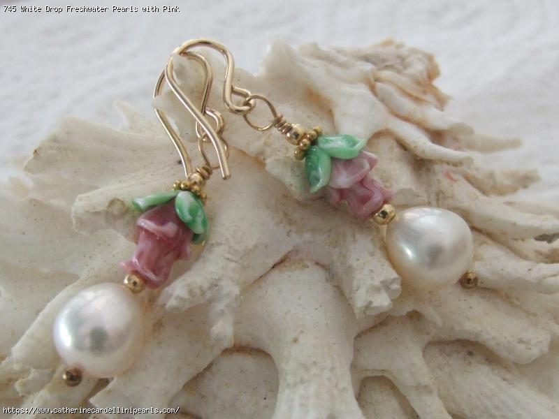 White Drop Freshwater Pearls with Pink Rosebuds Drop Earrings