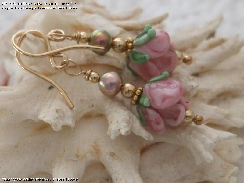 Pink AH Roses with Colourful Metallic Purple Tiny Baroque Freshwater Pearl Drop Earrings