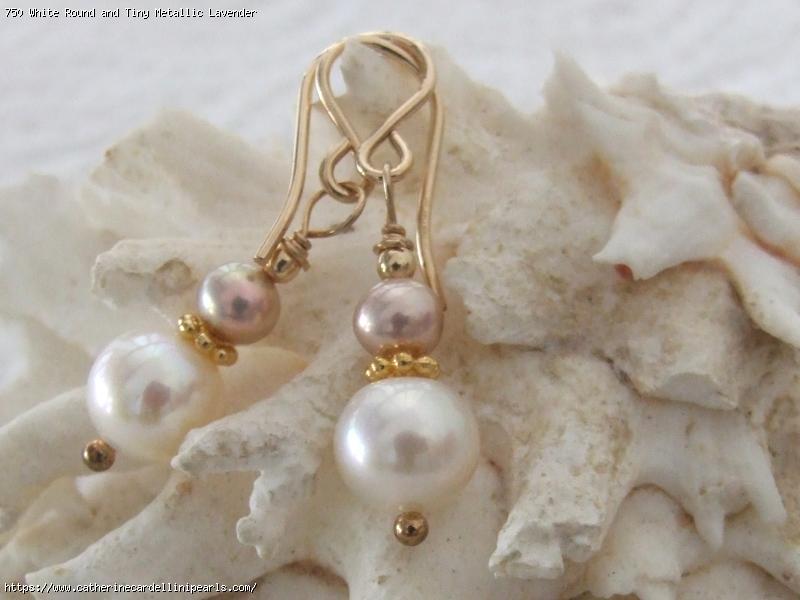 White Round and Tiny Metallic Lavender Freshwater Pearl Drop Earrings