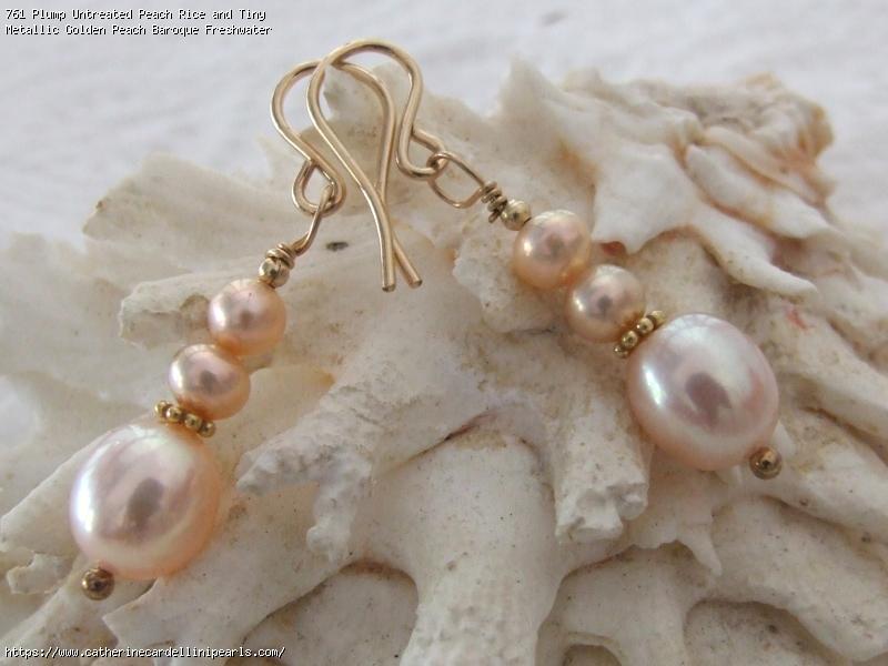 Plump Untreated Peach Rice and Tiny Metallic Golden Peach Baroque Freshwater Pearl Drop Earrings