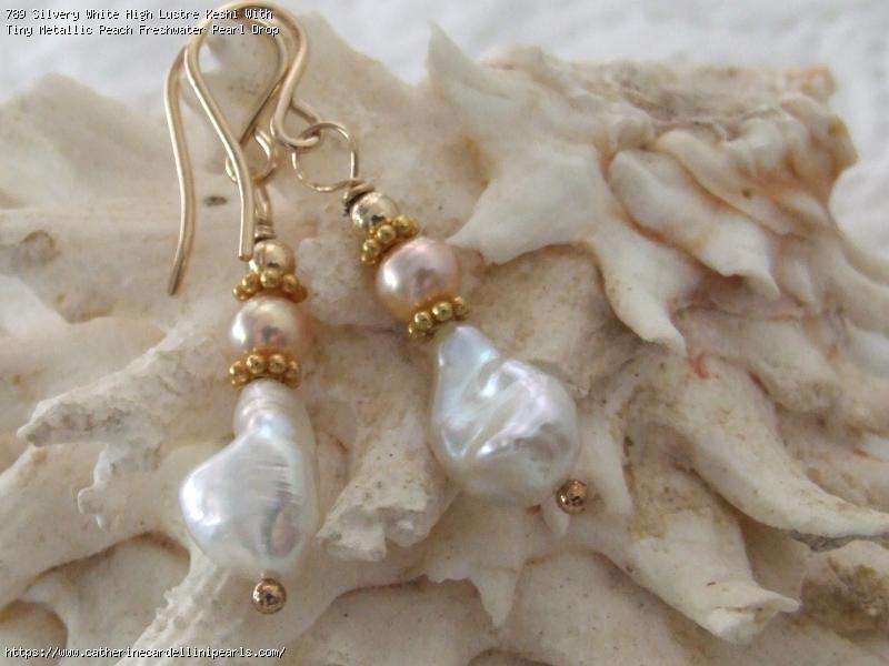 Silvery White High Lustre Keshi With Tiny Metallic Peach Freshwater Pearl Drop Earrings