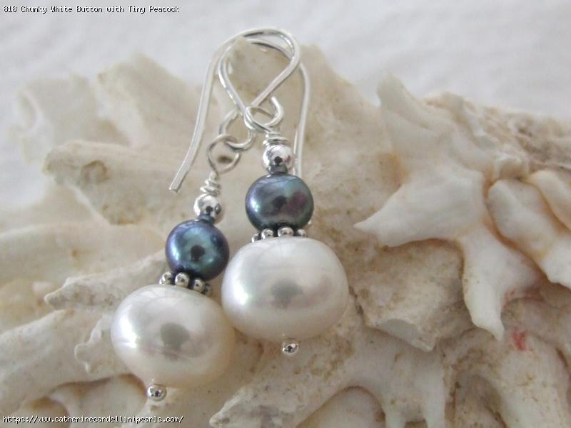 Chunky White Button with Tiny Peacock Baroque Freshwater Pearl Drop Earrings