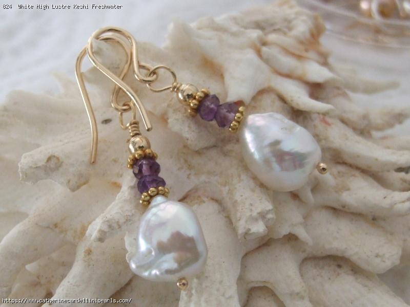  White High Lustre Keshi Freshwater Pearl  With Tiny Amethyst Drop Earrings