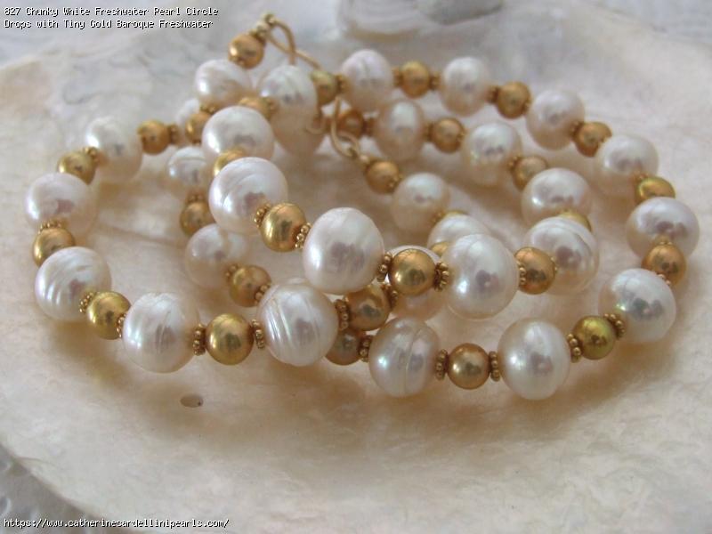 Chunky White Freshwater Pearl Circle Drops with Tiny Gold Baroque Freshwater Pearl Longer Necklace