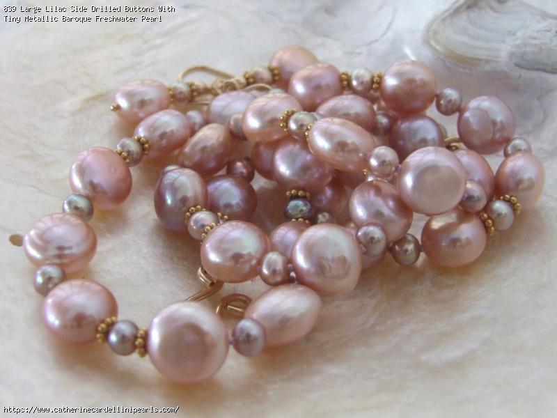 Large Lilac Side Drilled Buttons With Tiny Metallic Baroque Freshwater Pearl Longer Necklace and Earring Set