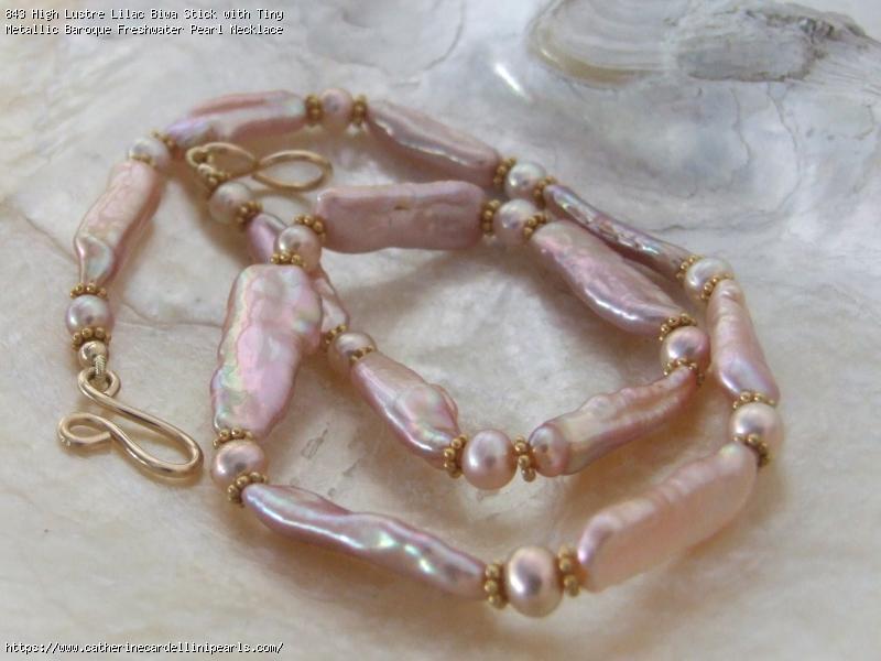 High Lustre Lilac Biwa Stick with Tiny Metallic Baroque Freshwater Pearl Necklace and Earring Set