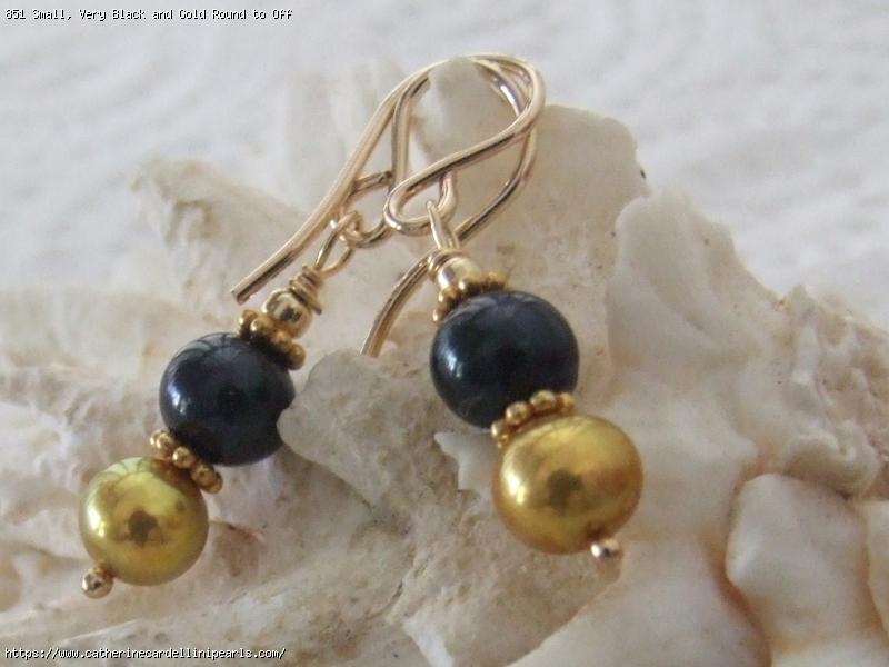 Small, Very Black and Gold Round to Off Round Freshwater Pearl Drop Earrings
