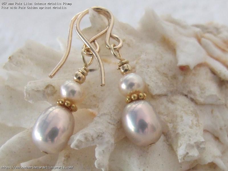AAA Pale Lilac Intense Metallic Plump Rice with Pale Golden Apricot Metallic Baroques Freshwater Pearl Drop Earrings