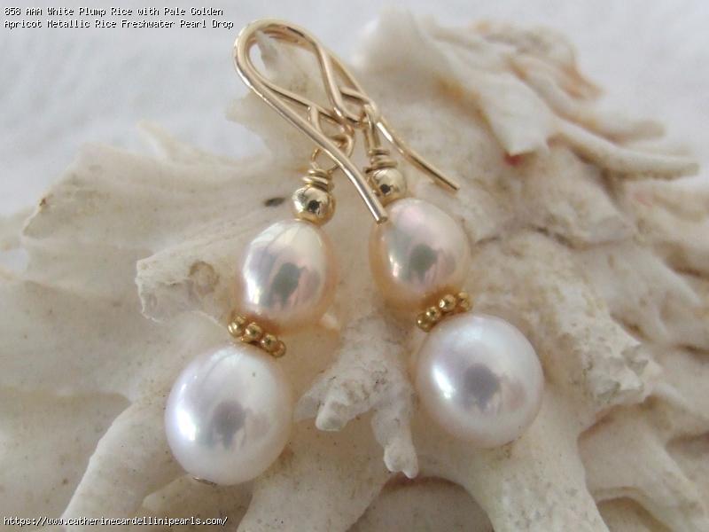 AAA White Plump Rice with Pale Golden Apricot Metallic Rice Freshwater Pearl Drop Earrings
