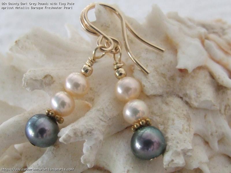 Dainty Dark Grey Rounds with Tiny Pale Apricot Metallic Baroque Freshwater Pearl Drop Earrings