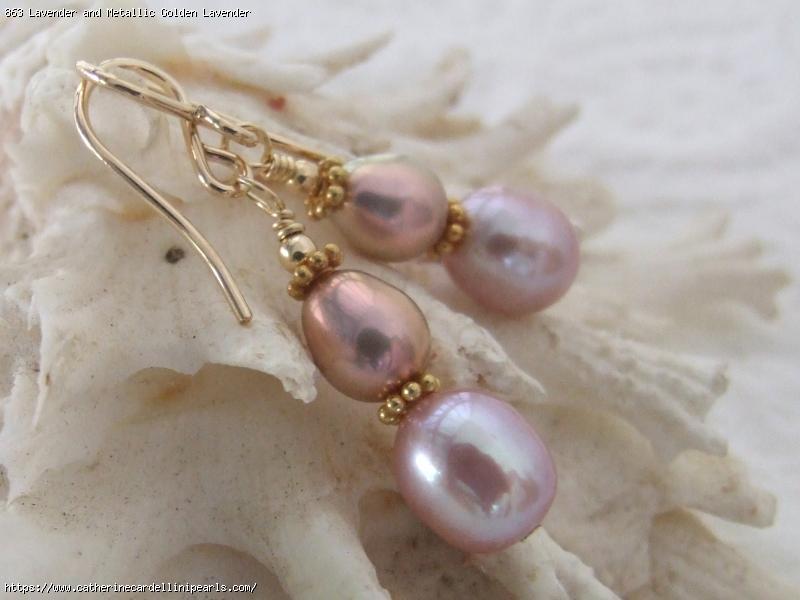 Lavender and Metallic Golden Lavender Rice Freshwater Pearl Drop Earrings