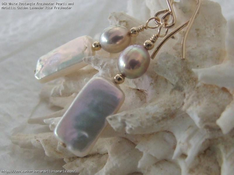 White Rectangle Freshwater Pearls And Metallic Golden Lavender Rice Freshwater Pearl Drop Earrings