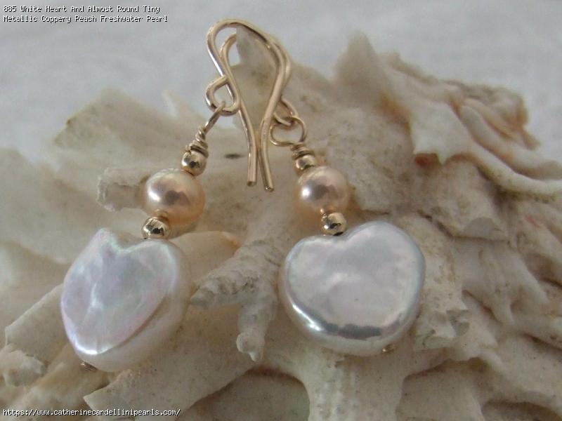 White Heart And Almost Round Tiny Metallic Coppery Peach Freshwater Pearl Drop Earrings