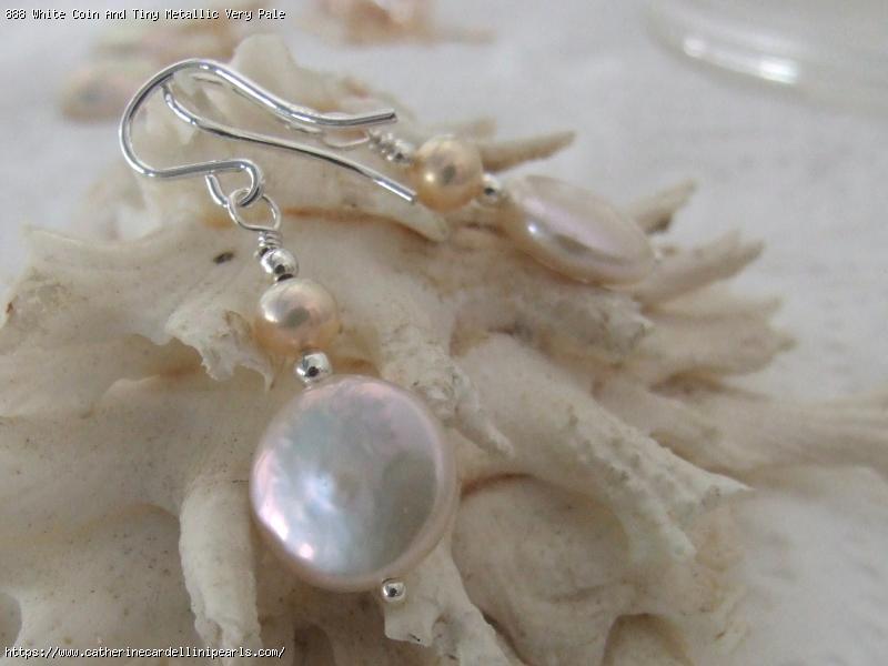 White Coin And Tiny Metallic Very Pale Apricot Freshwater Pearl Drop Earrings