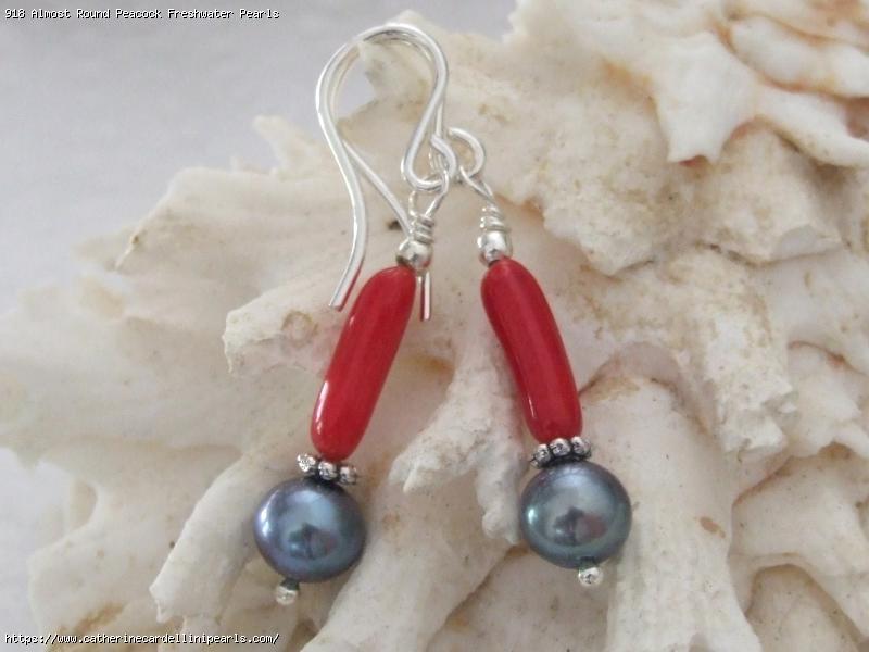 Almost Round Peacock Freshwater Pearls with Red Coral Drop Earrings