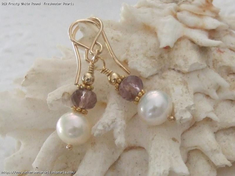 Frosty White Round  Freshwater Pearls with Micro Faceted Ametrine Drop Earrings