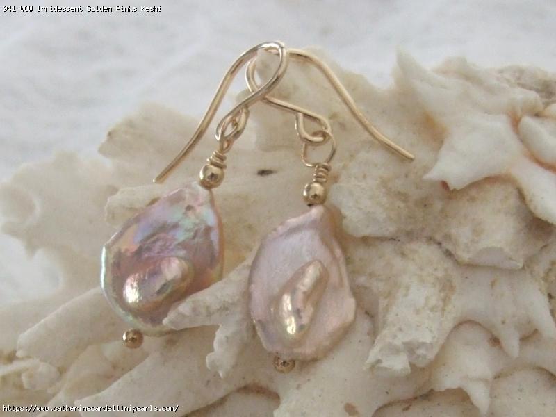WOW Irridescent Golden Pinks Keshi Freshwater Pearl Drop Earrings