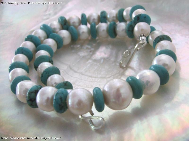 Shimmery White Round Baroque Freshwater Pearl with Turquoise Discs Necklace