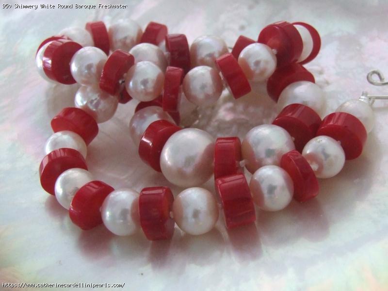 Shimmery White Round Baroque Freshwater Pearl with Dyed Red Coral Necklace
