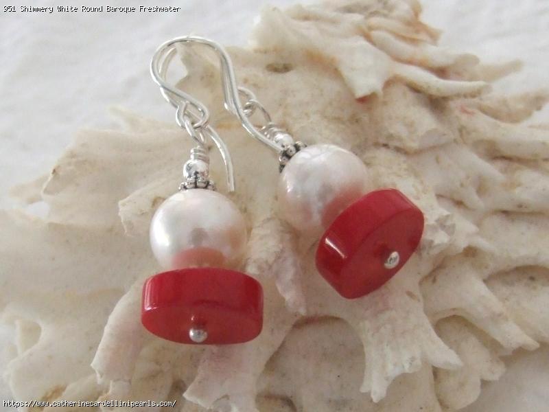 Shimmery White Round Baroque Freshwater Pearl with Dyed Red Coral Drop Earrrings