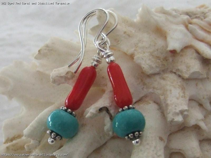 Dyed Red Coral and Stabilised Turquoise Drop Earrings