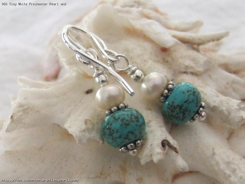 Tiny White Freshwater Pearl and Stabilised Turquoise Rondel Drop Earrings