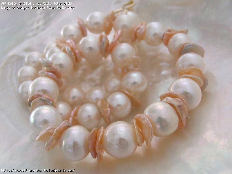 Belly Drilled Large Keshi Petal With Large to Whopper Shimmery Round to Baroque White Freshwater Pearl Necklace