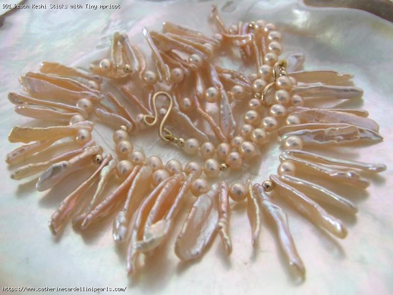 Peach Keshi Sticks with Tiny Apricot Buttons Freshwater Pearl Necklace