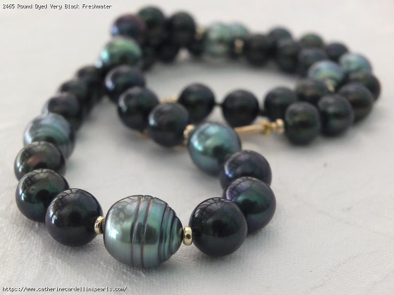 Round Dyed Very Black Freshwater Pearls With Teal Green Tahitians Necklace