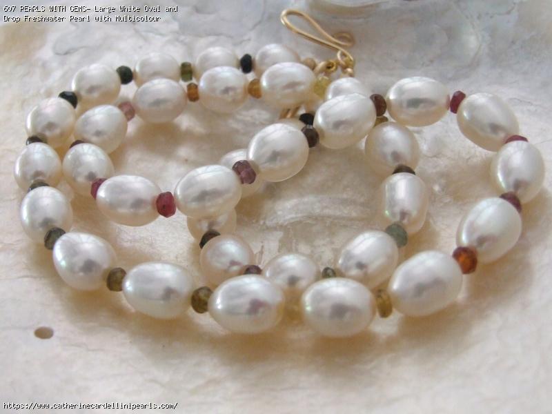 PEARLS WITH GEMS- Large White Oval and Drop Freshwater Pearl with Multicolour Tourmaline Bead Necklace